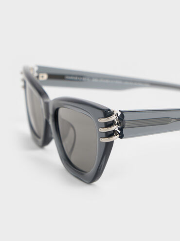 Recycled Acetate Metallic-Accent Angular Cat-Eye Sunglasses, Navy, hi-res