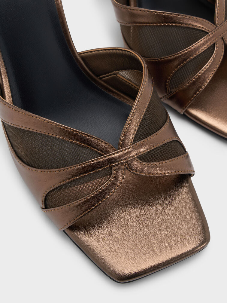 Metallic Mesh Heeled Mules, Bronze, hi-res