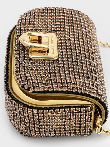 Crystal-Embellished Turn-Lock Mini Bag, Gold, hi-res