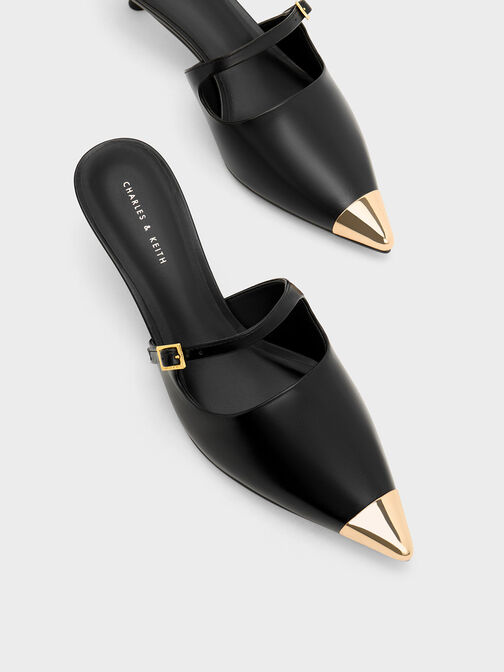 Metallic Cap Heeled Mules, Black, hi-res