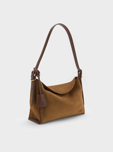 Leather & Suede Top-Flap Hobo Bag, Brown, hi-res