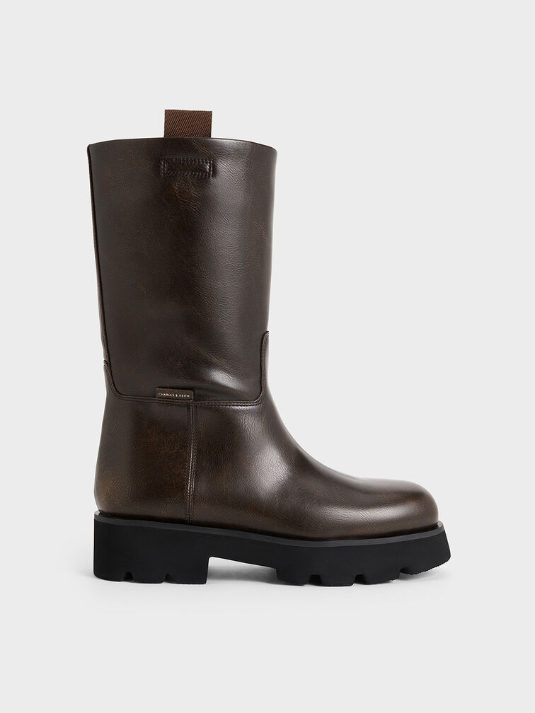 Double Pull-Tab Calf Boots, Dark Brown, hi-res