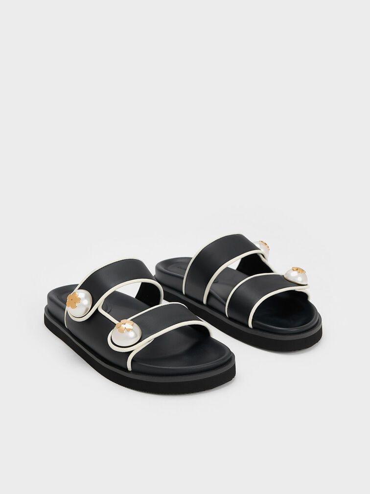 Aeryn Pearl Embellished Contrast-Trim Slides, Black, hi-res