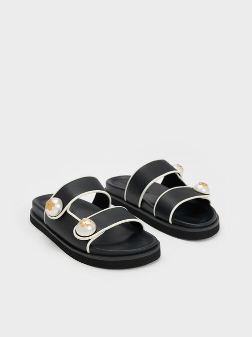 Pearl Embellished Contrast-Trim Slides, Black, hi-res