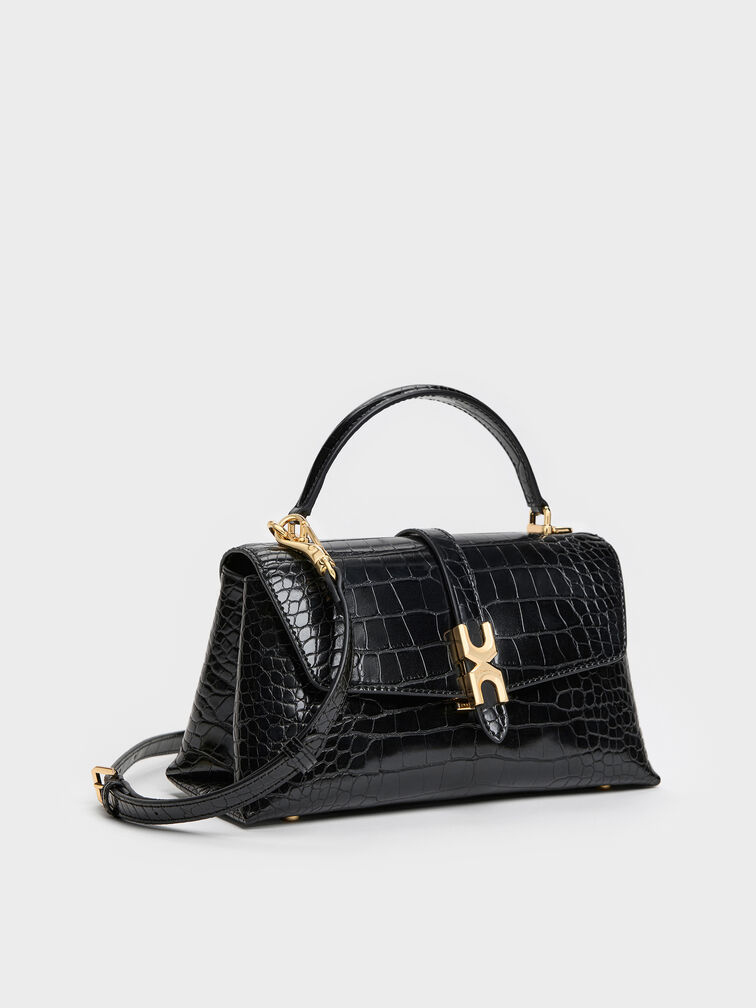 Adalyn Croc-Effect Metallic-Buckle Chain-Strap Top Handle Bag, Black Croco, hi-res