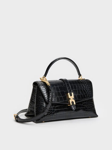 Adalyn Croc-Effect Metallic-Buckle Chain-Strap Top Handle Bag, Black Croco, hi-res