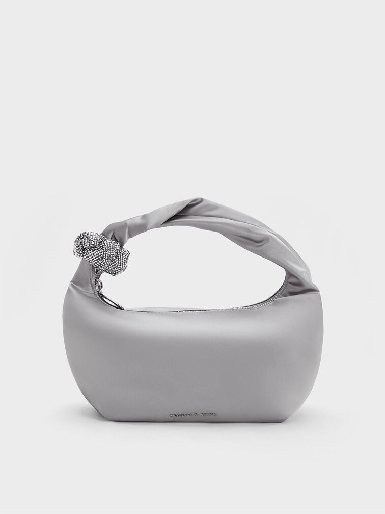 Embellished Metallic Shoulder Bag, Silver, hi-res