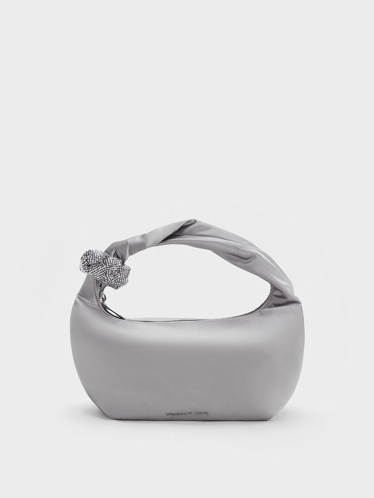 Embellished Metallic Shoulder Bag, Silver, hi-res