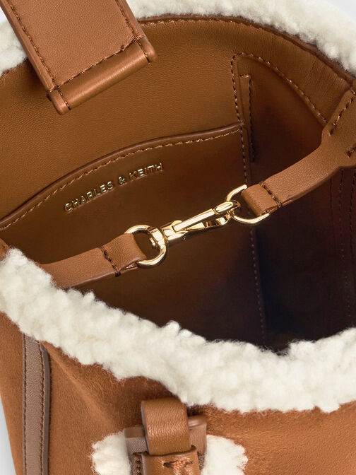 Noelle Faux Suede Fur-Trim Elongated Tote, Brown, hi-res