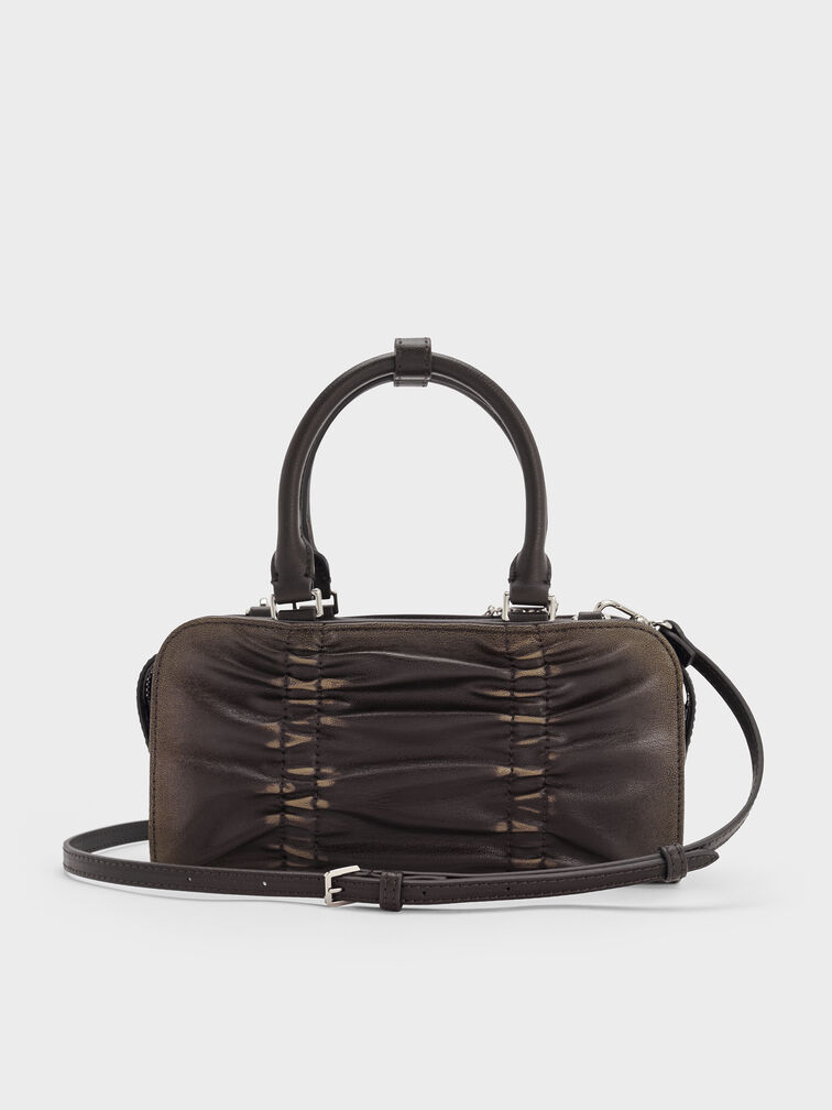 Kadee Ruched Bow-Charm Bowling Bag, Burnished Brown, hi-res