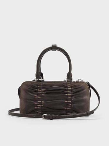 Kadee Ruched Bow-Charm Bowling Bag, Burnished Brown, hi-res