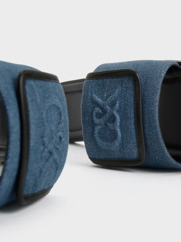 Leather & Denim Slide Sandals, Blue, hi-res