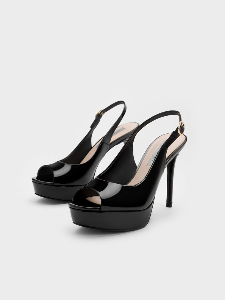Patent Platform Slingback Sandals, Black Patent, hi-res