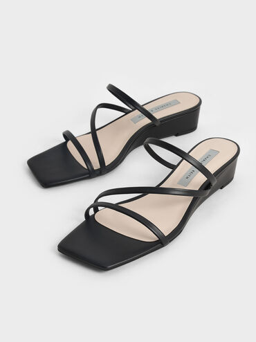 Strappy Wedge Mules, Black, hi-res