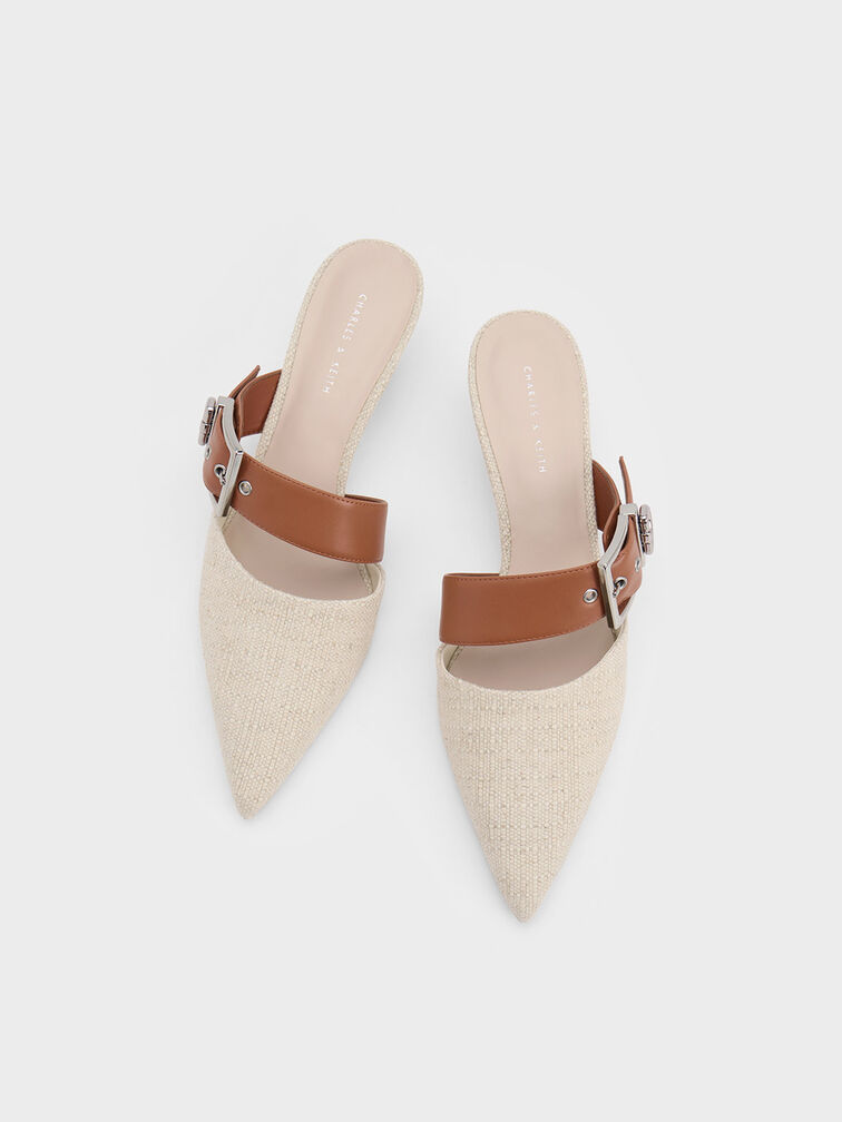 Asymmetric Buckle Linen Heeled Mules, Beige, hi-res