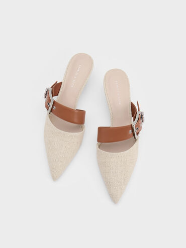 Asymmetric Buckle Linen Heeled Mules, Beige, hi-res