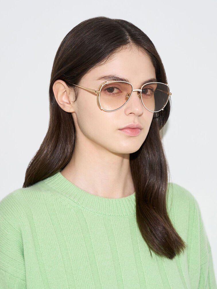 Gem-Embellished Wireframe Aviator Sunglasses, Cream, hi-res