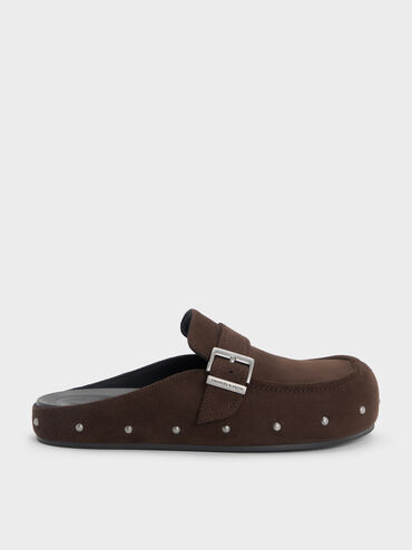 Faux Suede Studded Buckled Flat Mules, Dark Brown Textured, hi-res