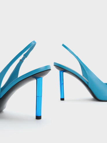 Cylindrical Metallic Heel Slingback Pumps, Blue, hi-res