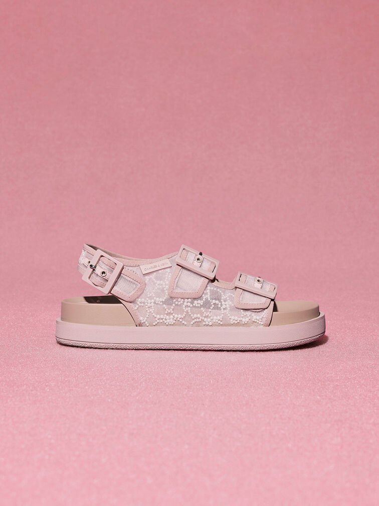 Beaded Mesh Flatform Sandals, Nude, hi-res