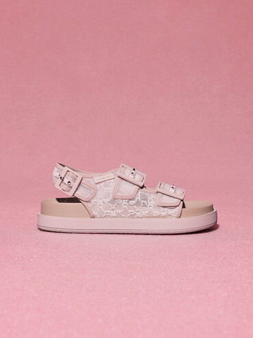 Beaded Mesh Flatform Sandals, Nude, hi-res