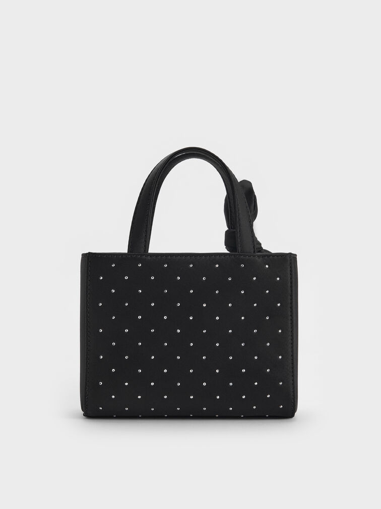 Satin Studded Knot-Bow Mini Bag, Noir Studded Satin, hi-res
