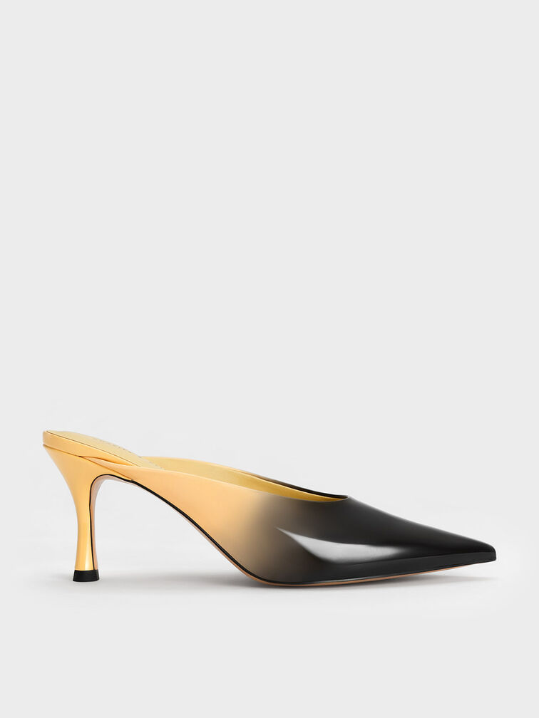 Patent Two-Tone Spool Heel Mules, Dark Grey, hi-res