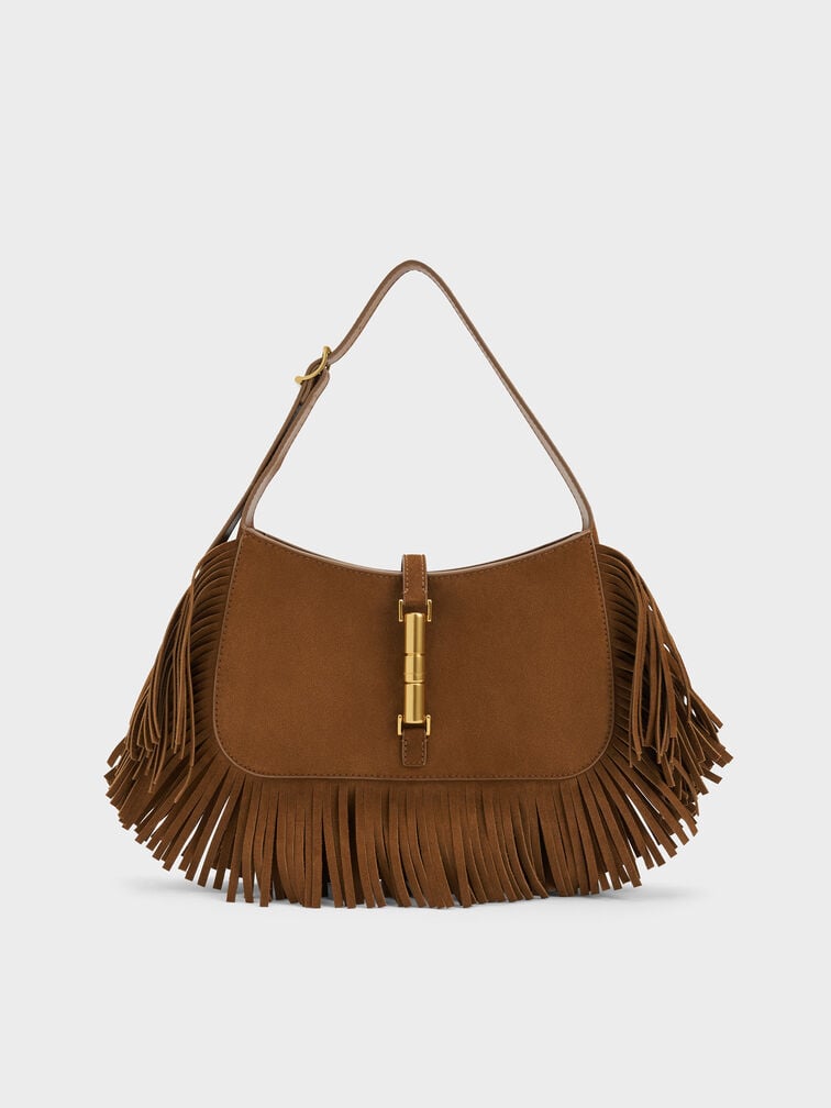 Cesia Recycled Suede Fringed Hobo Bag, Sienna Brown, hi-res