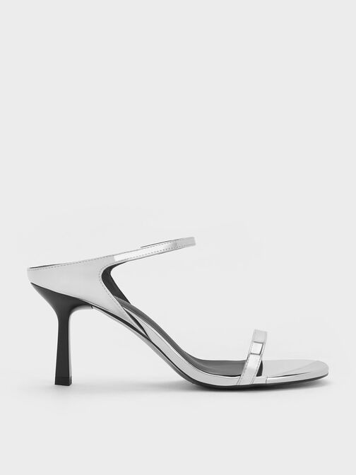 Metallic Cap Stiletto Heel Mules, Silver, hi-res