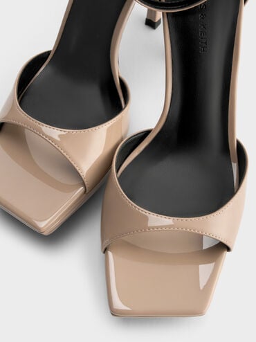 Patent Platform Heeled Sandals, Taupe, hi-res