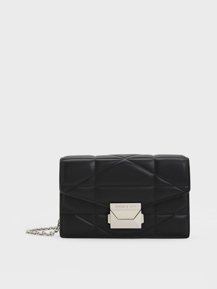 Blanche Chevron Chain-Strap Clutch, Noir, hi-res