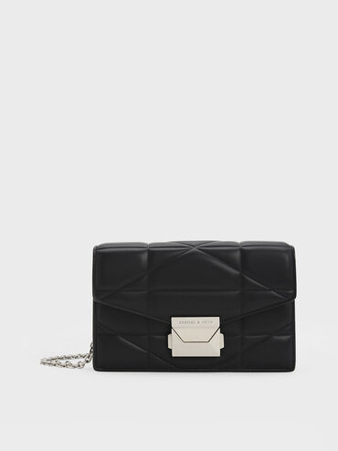 Blanche Chevron Chain-Strap Clutch, Noir, hi-res