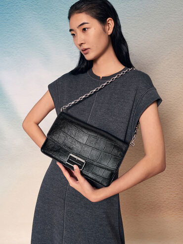 Liv Croc-Effect Grommet Chain-Handle Shoulder Bag, Noir, hi-res