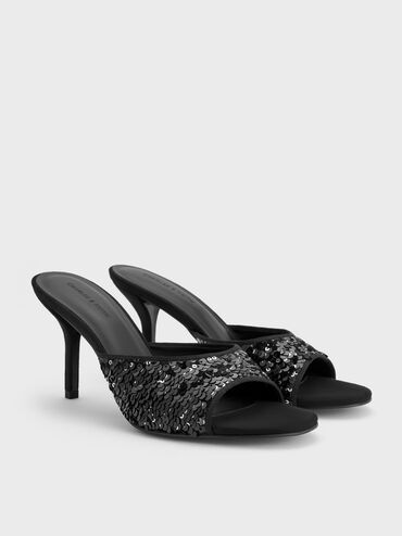 Sequinned Stiletto-Heel Mules, Black Textured, hi-res