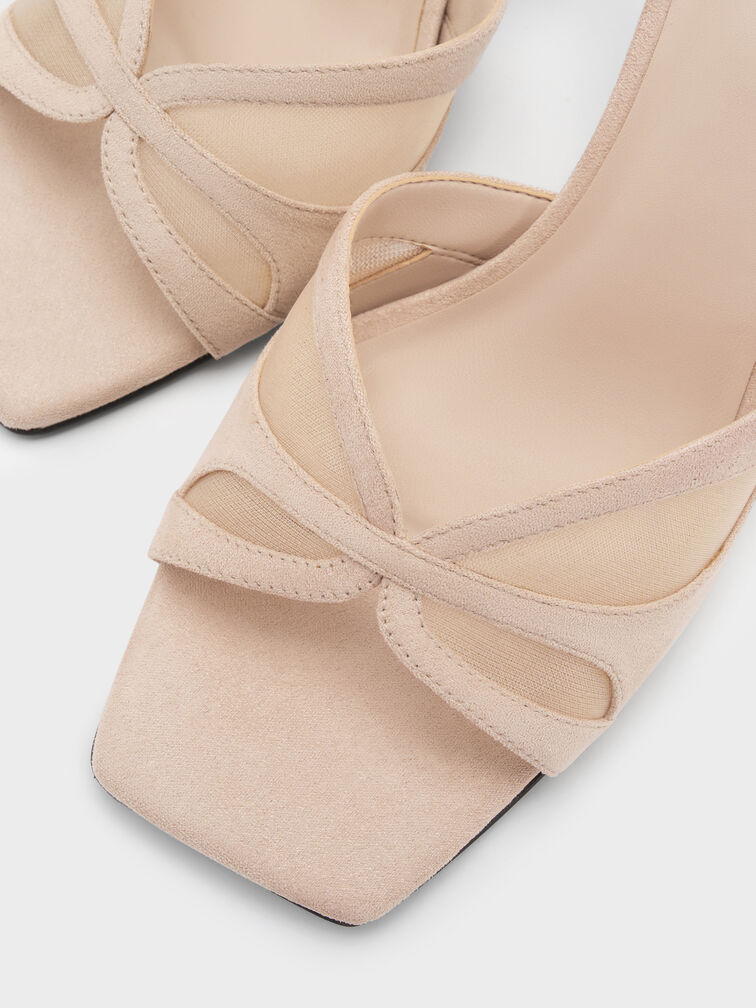 Faux Suede & Mesh Heeled Mules, Beige, hi-res