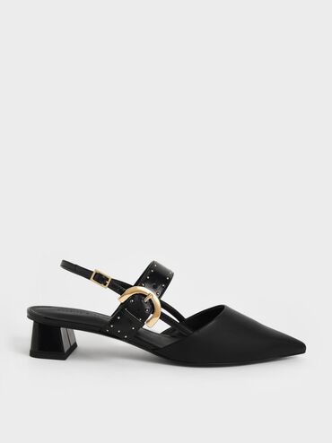 Studded Buckled Slingback Pumps, Black, hi-res