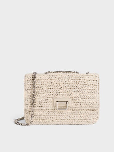 Neva Woven Chain-Strap Shoulder Bag, Beige, hi-res
