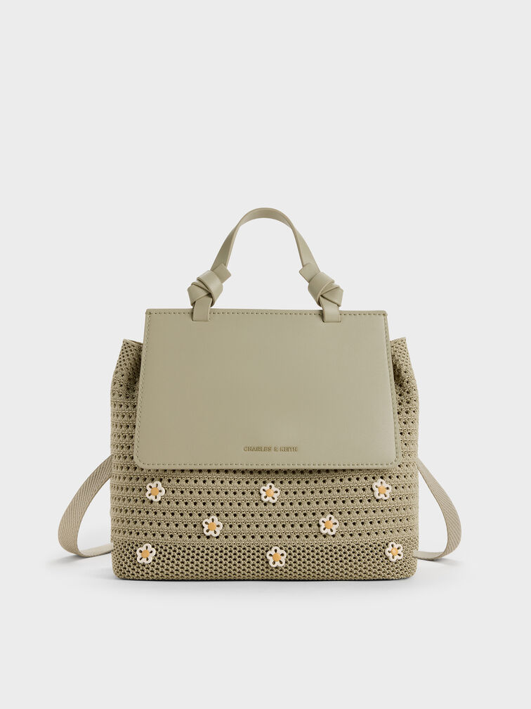 Girls' Ida Stripped Knitted Backpack, Pale Olive, hi-res