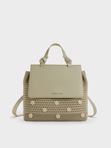 Girls' Ida Stripped Knitted Backpack, Pale Olive, hi-res