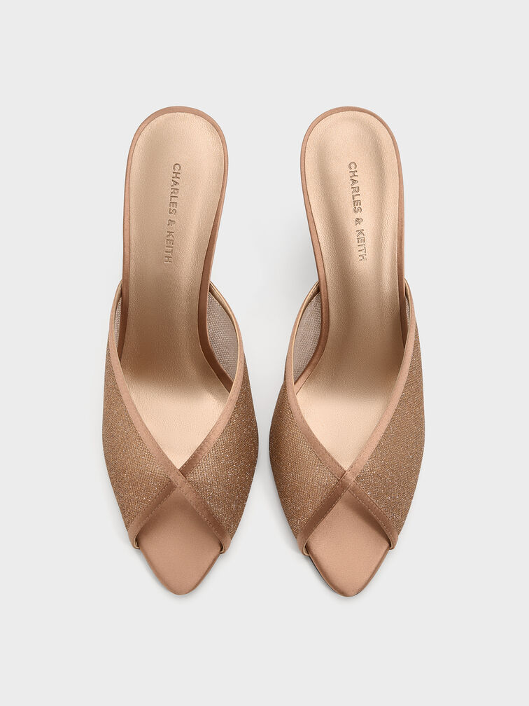 Glittered Mesh Peep-Toe Heeled Mules, Bronze, hi-res