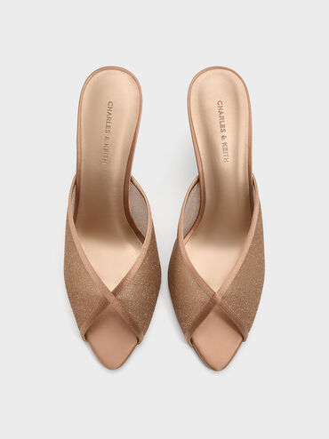 Glittered Mesh Peep-Toe Heeled Mules, Bronze, hi-res