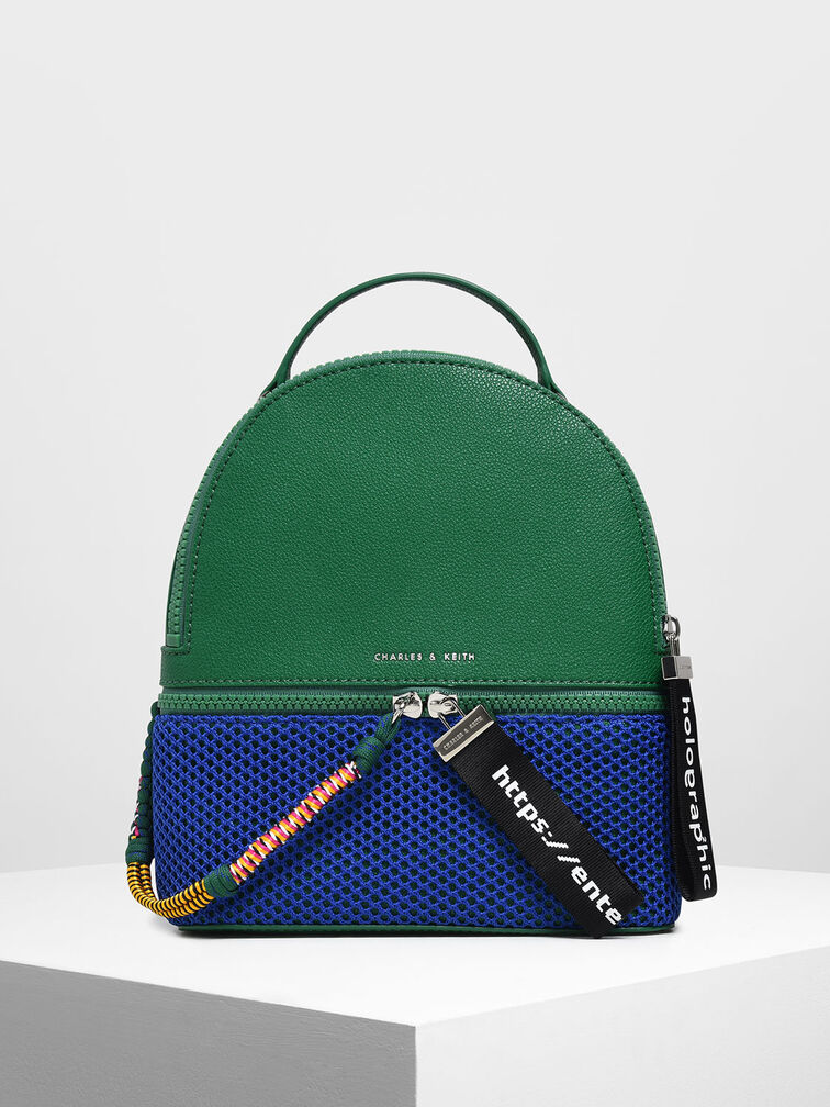 Two-Way Zip Mesh Detail Backpack, Green, hi-res
