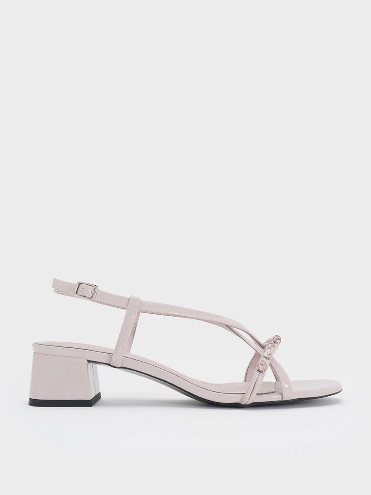 Patent Gem Heeled Slingback Sandals, Lilac, hi-res