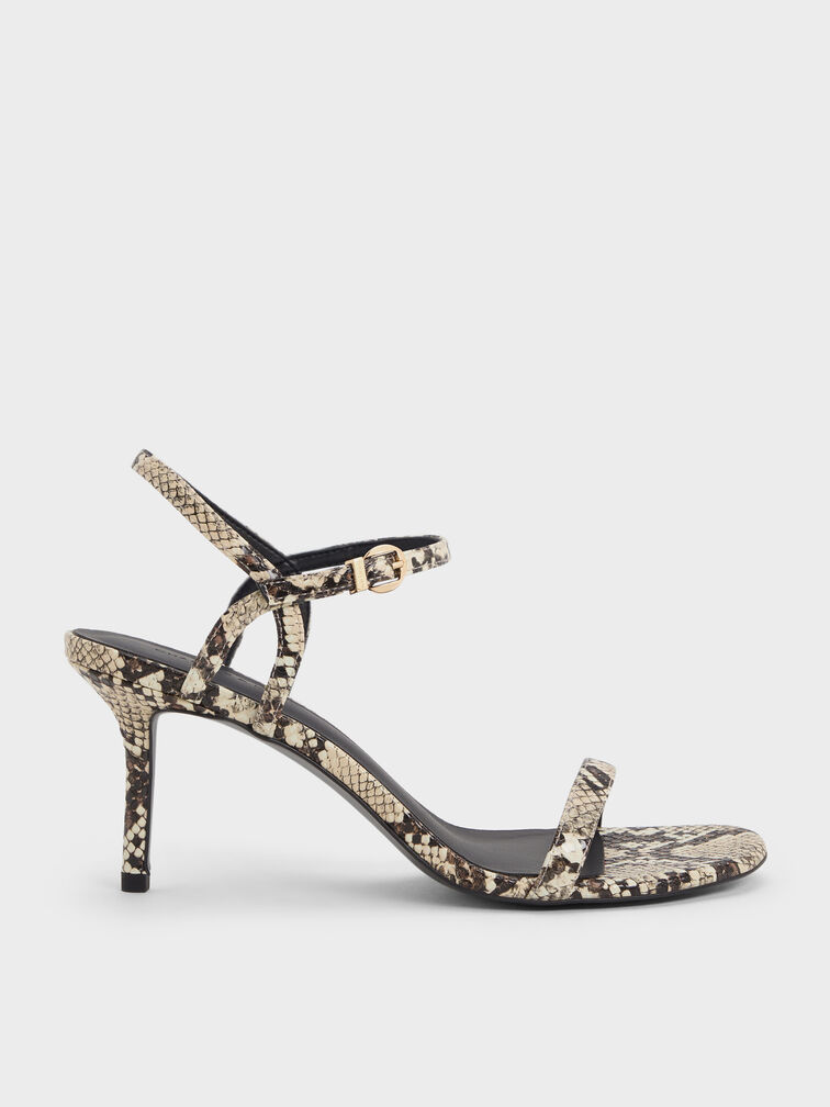 Snake-Print Ankle-Strap Heeled Sandals, Animal Print Natural, hi-res