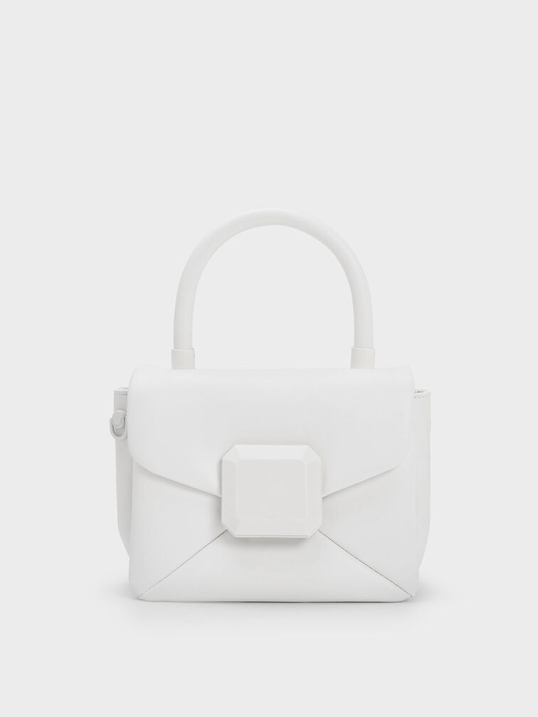 Geometric Push-Lock Top Handle Bag, White, hi-res