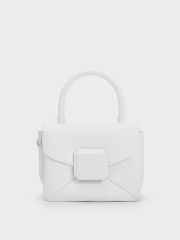 Geometric Push-Lock Top Handle Bag, White, hi-res