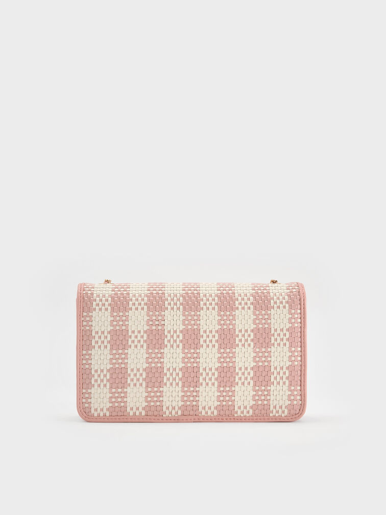 Alessia Checkered Pearl-Embellished Wallet on Chain, Light Pink, hi-res