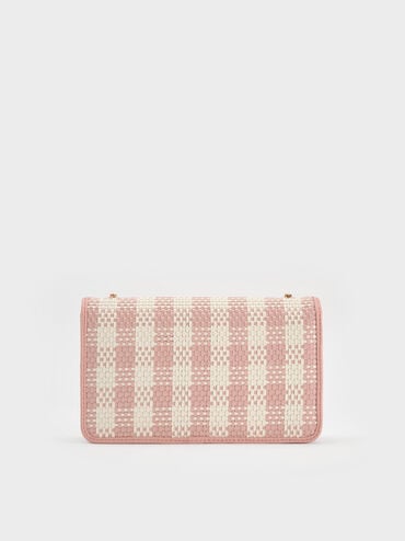 Alessia Checkered Pearl-Embellished Wallet on Chain, Light Pink, hi-res