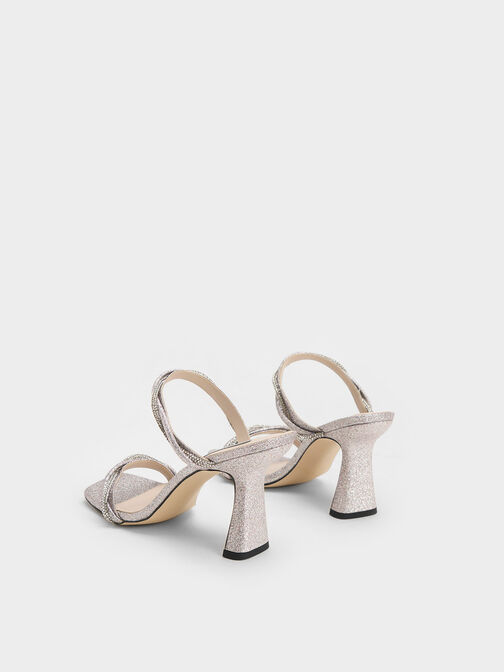 Embellished Twisted Strap Glittered Sandals, Silver, hi-res