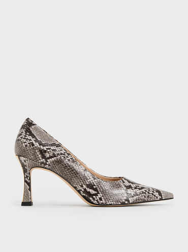 Snake-Print Flared Heel Pointed-Toe Pumps, Animal Print Natural, hi-res